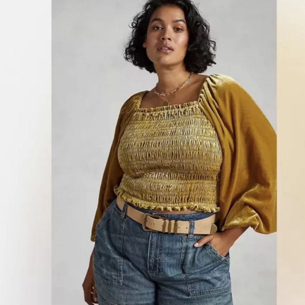$120  Anthropologie Puff-Sleeved Velvet Blouse size XL GOLD color nwt with tag